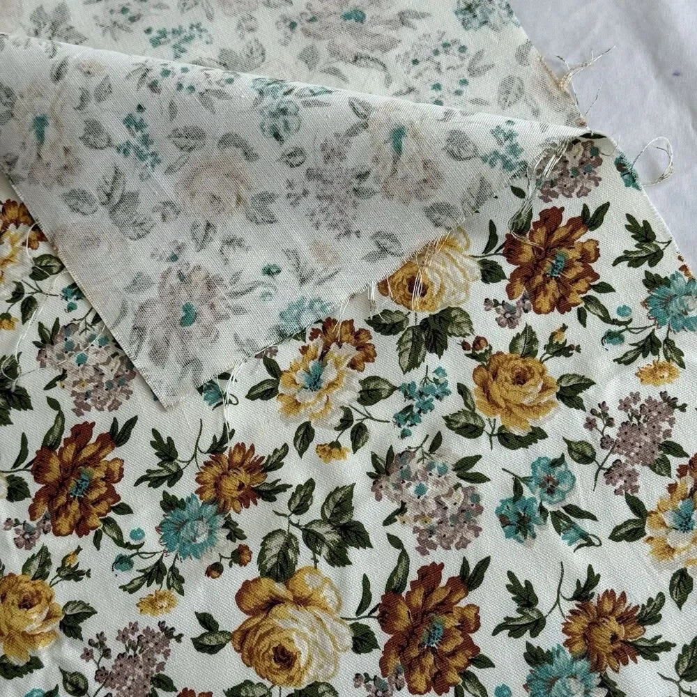 Vtg 50s Waverly Quaker Lady Brown Gold Aqua Floral Cotton Home Decor Fabric Lot